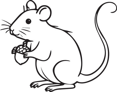 A charming cartoon mouse stands upright, clutching a nut in its paws. The drawing style is simple and delightful, making it perfect for children's books or educational materials.
