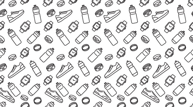 Seamless pattern with fitness equipment icons including running shoes water bottles and smartwatches in line art style