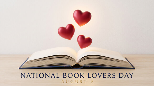 Open book with floating red hearts celebrating National Book Lovers Day August 9 symbolizing passion for reading literature and appreciation of written words  generative ai