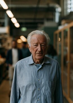 Portrait of an elderly man standing in an industrial setting. he is wearing a blue striped button-down shirt and appears to be in his late 60s or early 70s.