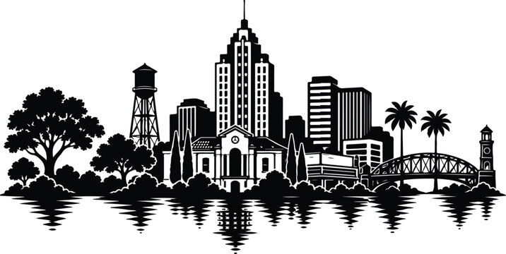 Modesto Skyline Silhouette Black and White Vector Illustration