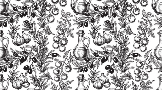 Seamless pattern with hand drawn olive oil bottles tomatoes and garlic cloves in black and white sketch