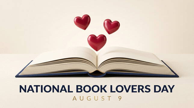 Open book with floating red hearts and text celebrating National Book Lovers Day August 9 symbolizing love for reading literature and appreciation of written words  generative ai
