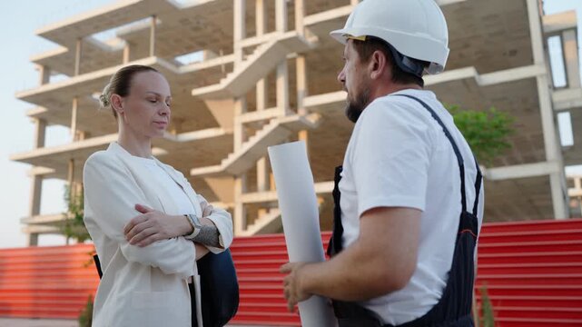 Female architect confronting a construction worker while reviewing building plans at a residential construction site. Quality control, project supervision and construction standards concept.