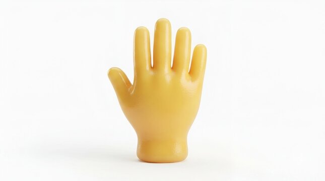 A vibrant yellow, stylized hand with open palm and splayed fingers, rendered in 3D on a clean white background, symbolizing various communication gestures like stop, greeting, or warning