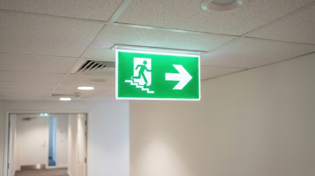 Green emergency exit sign with arrow pointing right in a modern office corridor