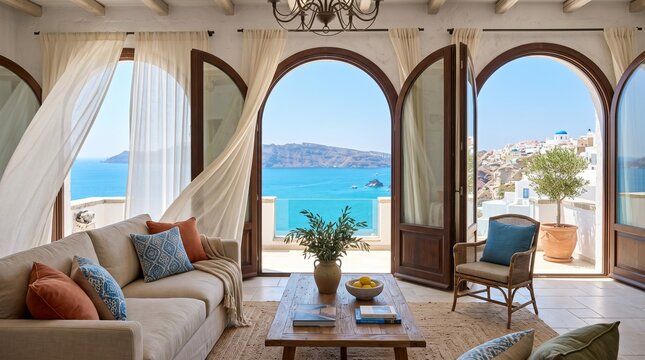 Luxury Mediterranean Living Room with Santorini Caldera Sea View