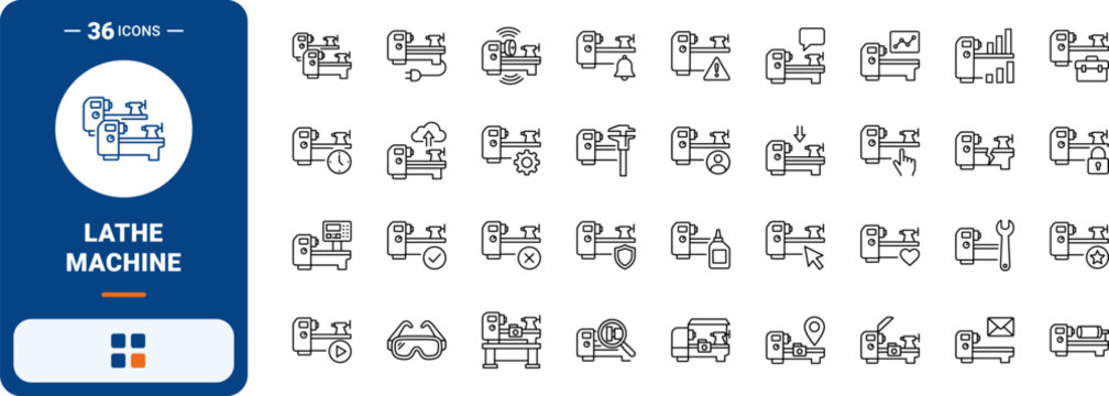 Lathe Web Icon Set in Linear Style. Collection of Machining Equipment line icons, including check mark, settings, security, repair, download, broken bed, digital unit, workshop and more.