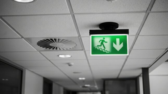 Green emergency exit sign with arrow pointing down in a modern office hallway