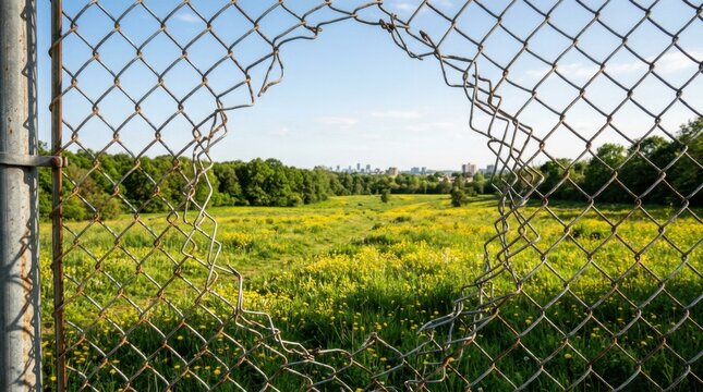 A chain link fence with a large hole looking out onto a beautiful green meadow with yellow flowers and a distant city skyline under a clear blue sky, symbolizing freedom and a quite fresh perspective.