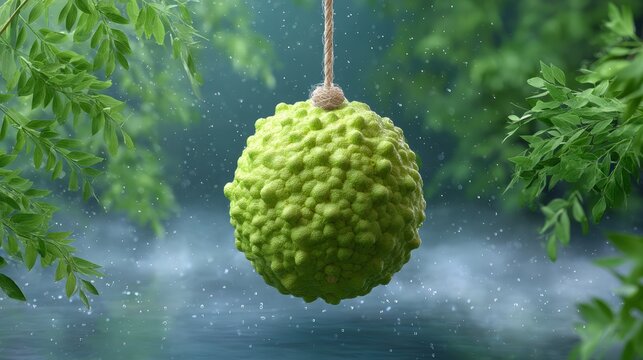 Fresh kaffir lime hanging over water with natural leaves background
