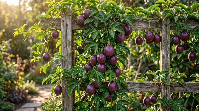 Healthy passion fruit vine with ripe purple fruits on a trellis for tropical agriculture, fresh produce, botanical and healthy food concepts