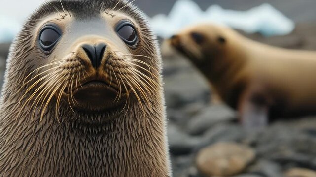 A sea lion's face is the focal point of this , with its eyes looking directly into the camera. The background shows another sea lion and rocks, creating a natural seascape setting.
