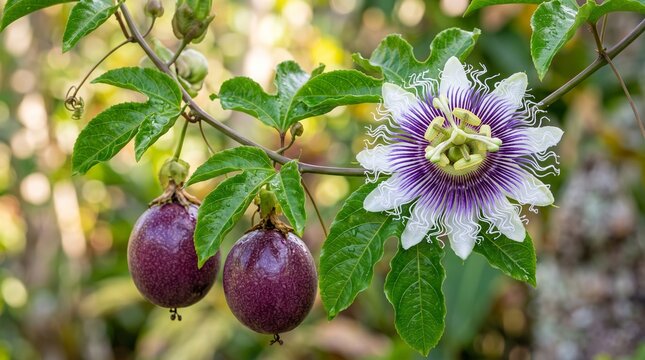 Close up passion fruit vine with exotic flowers and ripe fruits for botanical, tropical agriculture and healthy nutrition concepts