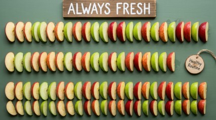 Naklejka premium Crispy red and green apple slices neatly arranged in straight rows on a green background with a wooden always fresh sign and a healthy routine tag, perfect for nutrition and wellness concepts of