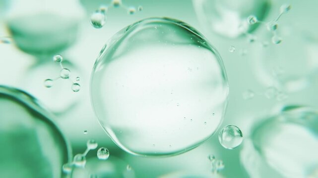 Green aloe vera serum bubbles. Organic eco skincare cosmetics macro 3D abstract background. Natural moisturizer essence gel drops. Collagen fluid molecules, detox peptide face lotion for skin renewal