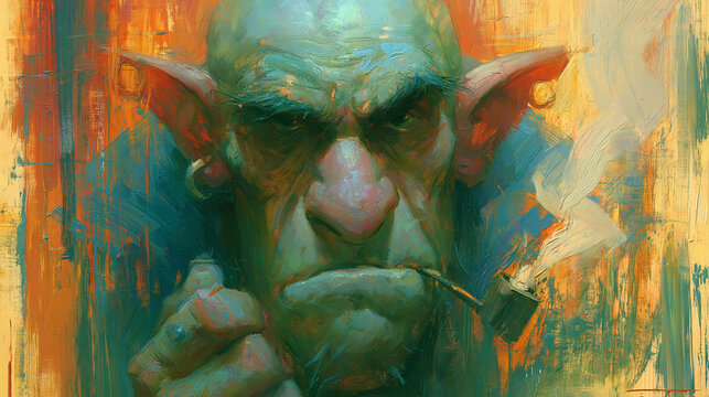 A painterly digital portrait of a tough, grumpy goblin or orc smoking a pipe against a textured, colorful abstract background with visible brushstrokes.