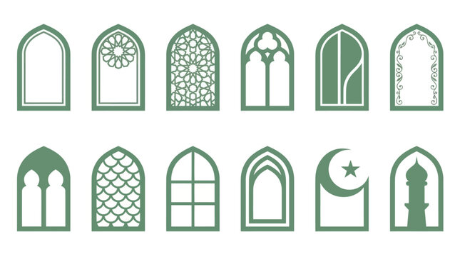 Collection of various Islamic arch and window designs in green and white.