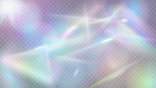 Prism light effect with rainbow flare and glass crystal texture. Sun sparkle with color overlay, diamond holographic vector and iridescent blue shine for transparent ray graphics with radiant glow.