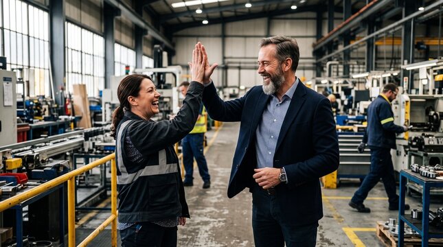 Businessman and worker high five in factory. Industrial team celebrating success at work.