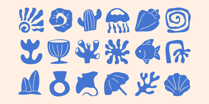 Boho summer icon set with beach elements and sun symbols - abstract sea waves, palm silhouettes and surf shapes. Vector logo collection with retro ocean and groovy bohemian design.