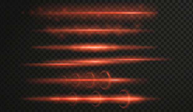 Laser beam effect with horizontal neon glow and bright flare on black background. Abstract red streak with shine and speed motion trail. Dynamic ray with energy flash for digital design.