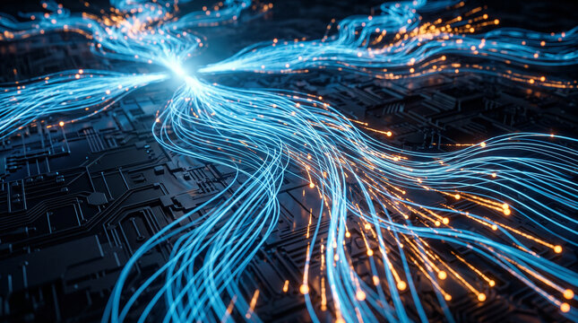 Futuristic digital data streams glowing with blue and orange light flowing across circuit board surface symbolizing technology connectivity and artificial intelligence  generative ai