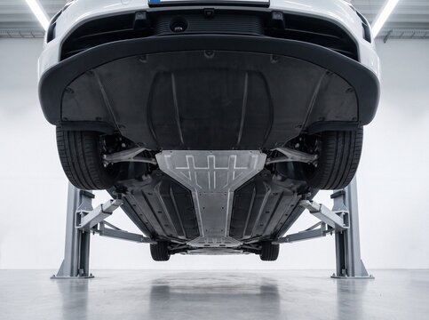 Symmetrical low angle view of a modern vehicle on a two-post hydraulic lift in a bright white garage, showing carbon fiber underbody panels and protective metal skid plate
