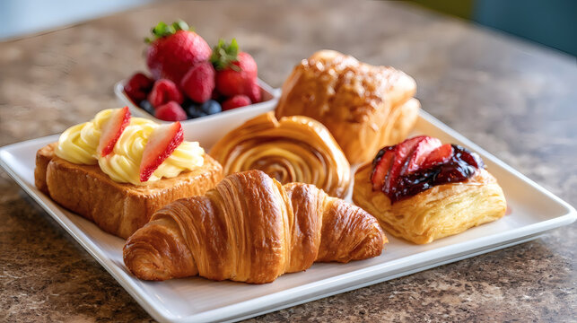 Assorted fresh pastries including croissant, danishes, and puff pastry with berries on a white plate, served on a marbled table. Bright, delicious breakfast or brunch scene.