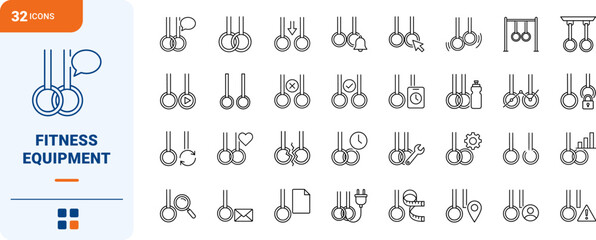 Fototapeta premium Gymnastic Rings Web Icon Set in Linear Style. Collection of Fitness Rings line icons, including check mark, settings, security, repair, download, broken ring, height adjustment, straps and more.