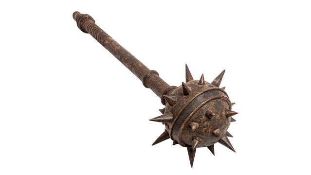 Medieval spiked iron mace weapon flail isolated on transparent background cut out