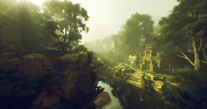 Sunlit river canyon with mossy ruins, winding waterway and soft mist ancient terraces and stone archways invite archaeologist exploration and mindful retreat.