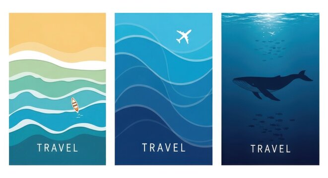 Set of three travel posters with beach, airplane, and whale underwater themes