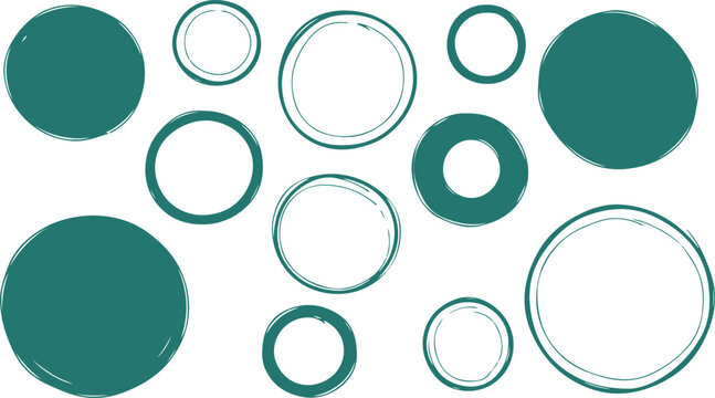 A vector set of hand-drawn sketchy teal solid circles and outlined rings on a white background.