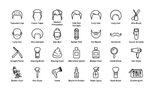 Barber and Mens Grooming Outline Icons Vector Collection with Hair and Beard Styles