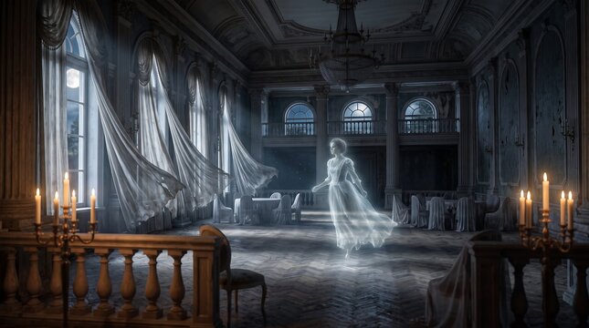 Ethereal female ghost drifting through a grand old abandoned mansion ballroom