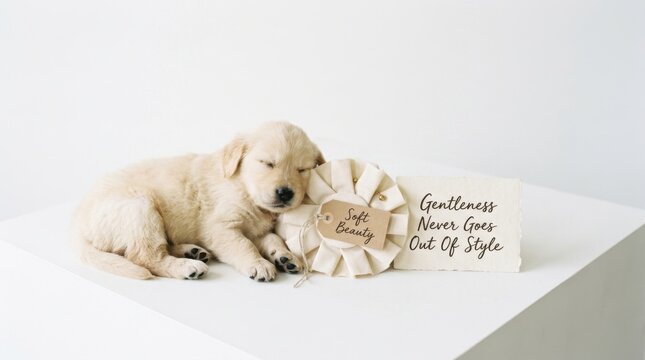 Adorable golden retriever puppy sleeping peacefully next to a handmade rosette and a quote card about gentleness on a clean minimalist surface, perfect for aesthetic lifestyle and pet