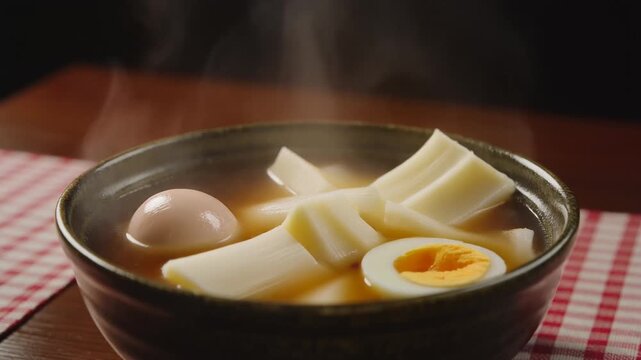 Steaming bowl of Japanese oden. Traditional hot soup with boiled egg and fish cake.