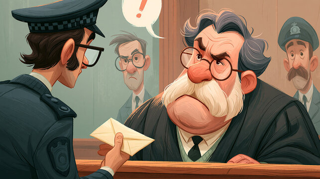 A cartoon illustration of a police officer handing an envelope to an angry, suspicious judge in a courtroom, with an exclamation mark bubble floating above.