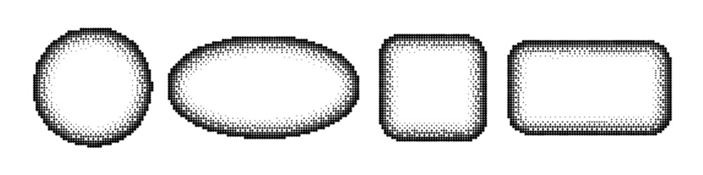 Halftone frames. Black dotted rectangular square oval and circle shapes on white background. Abstract graphic elements with stipple texture for design layouts. Modern minimal vector illustration.