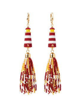 Lighthouse drop earrings with long red and yellow beaded tassels isolated on transparent background