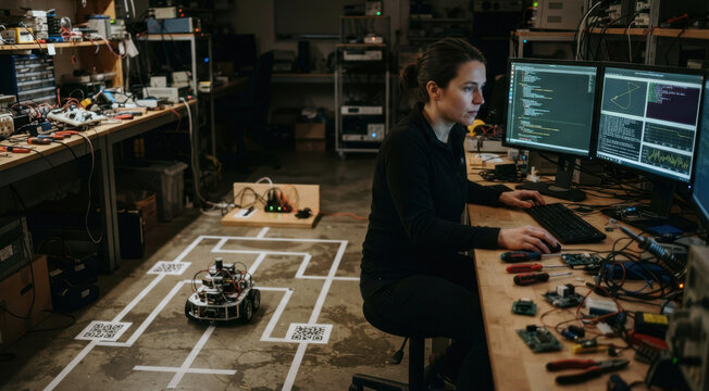 Technician tests autonomous robot navigation software in a prototyping lab with floor markers, sensor modules, charging dock, and monitor