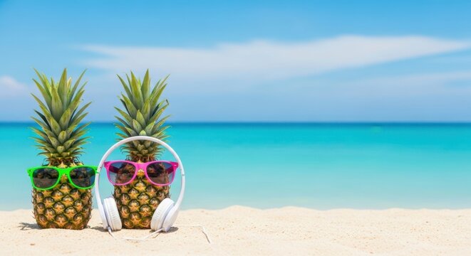 Two pineapples wearing sunglasses and headphones on a tropical sandy beach