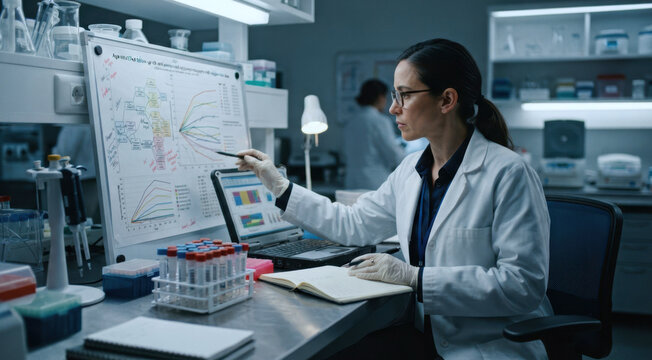 Epidemiologist analyzing age-stratified follow-up charts, specimen tubes, and laptop data in a biosecurity office after a viral outbreak.