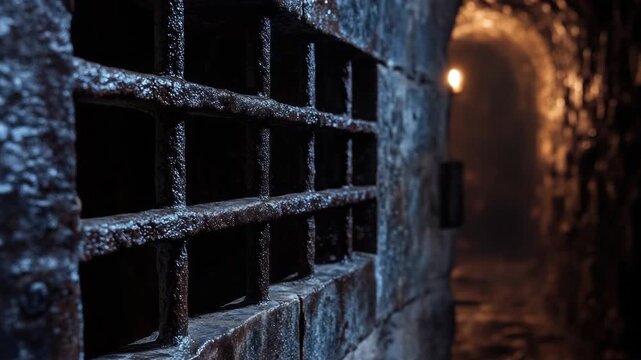 Dark stone cell with small barred window leading to underground tunnel illuminated by distant light source.
