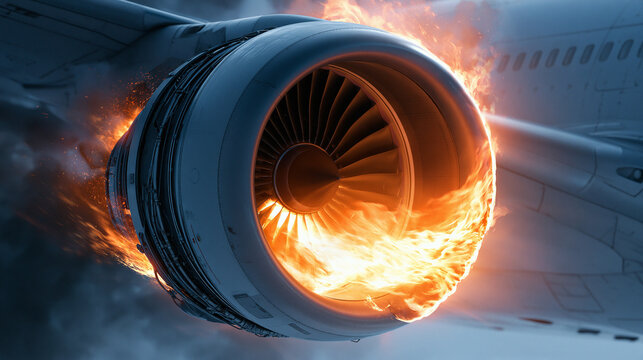 A dramatic close-up photo of an airplane jet engine on fire, with intense orange flames and smoke bursting from the turbine during a mid-air flight emergency.