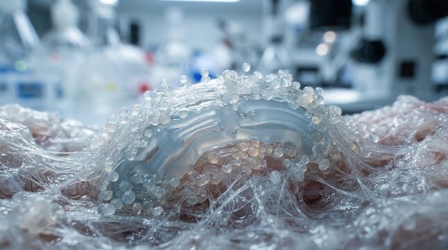 Biocompatible soft robotics with silicone actuator, hydrogel membrane, implant capsule, and immune cells in a lab setting.