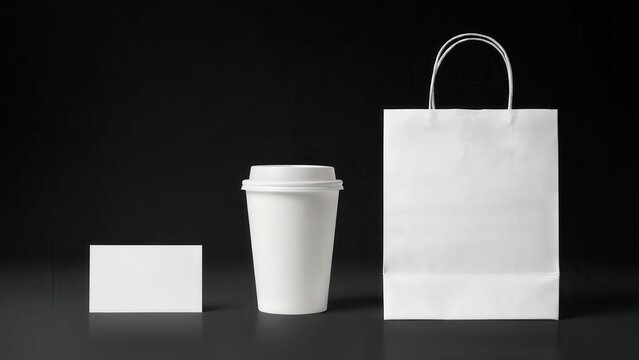 Mockup blank white coffee cup, paper shopping bag and business card mockup on black background