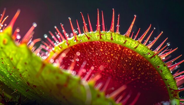 Extreme Macro Shot of a Venus Flytrap with Water Droplets on Its Trigger Hairs and Vibrant Red Interior