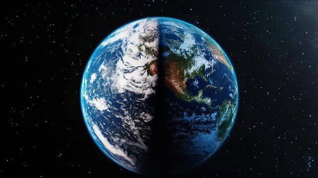 This depicts a view of Earth as seen from space, showcasing continents and stars in the night sky. The planet's land masses are clearly visible.
